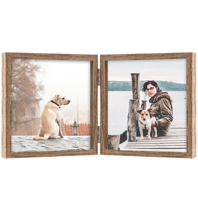 Forev 5x5 Double Picture Frame Wooden Hinged Photo Frame Definition Glass Stand Vertically on Desktop or Tabletop - Image 1